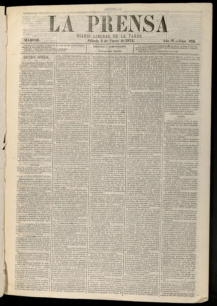 Miniatura de La Prensa : diario de la mañana : político, literario y de noticias del 3 de enero de 1874, nº 832