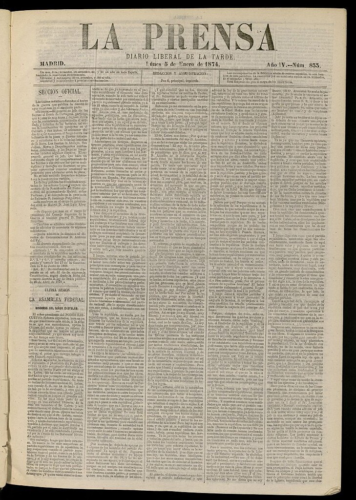Miniatura de La Prensa : diario de la mañana : político, literario y de noticias del 5 de enero de 1874, nº 833