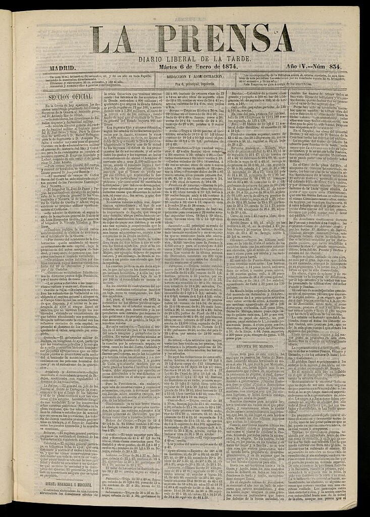 Miniatura de La Prensa : diario de la mañana : político, literario y de noticias del 6 de enero de 1874, nº 834