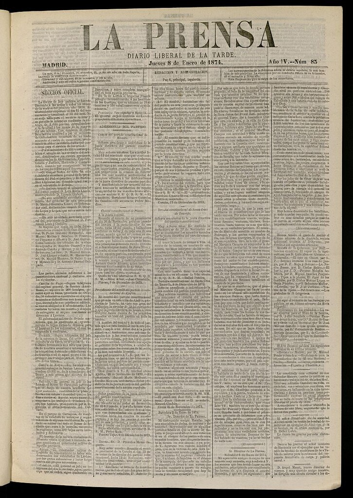 Miniatura de La Prensa : diario de la mañana : político, literario y de noticias del 8 de enero de 1874, nº 83 [sic]