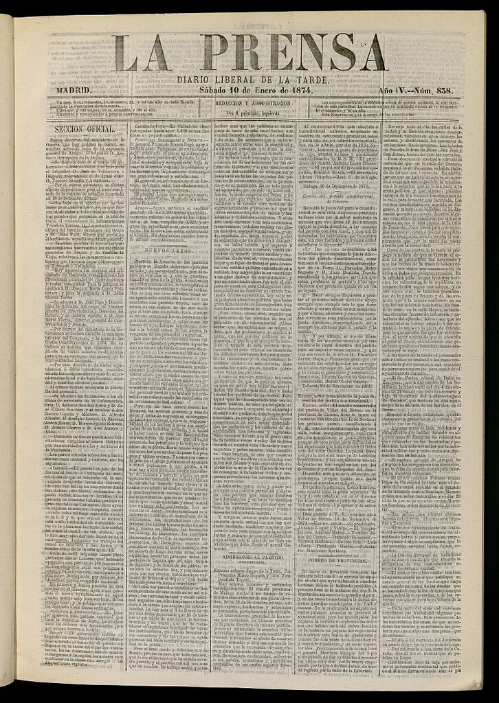 Miniatura de La Prensa : diario de la mañana : político, literario y de noticias del 10 de enero de 1874, nº 838