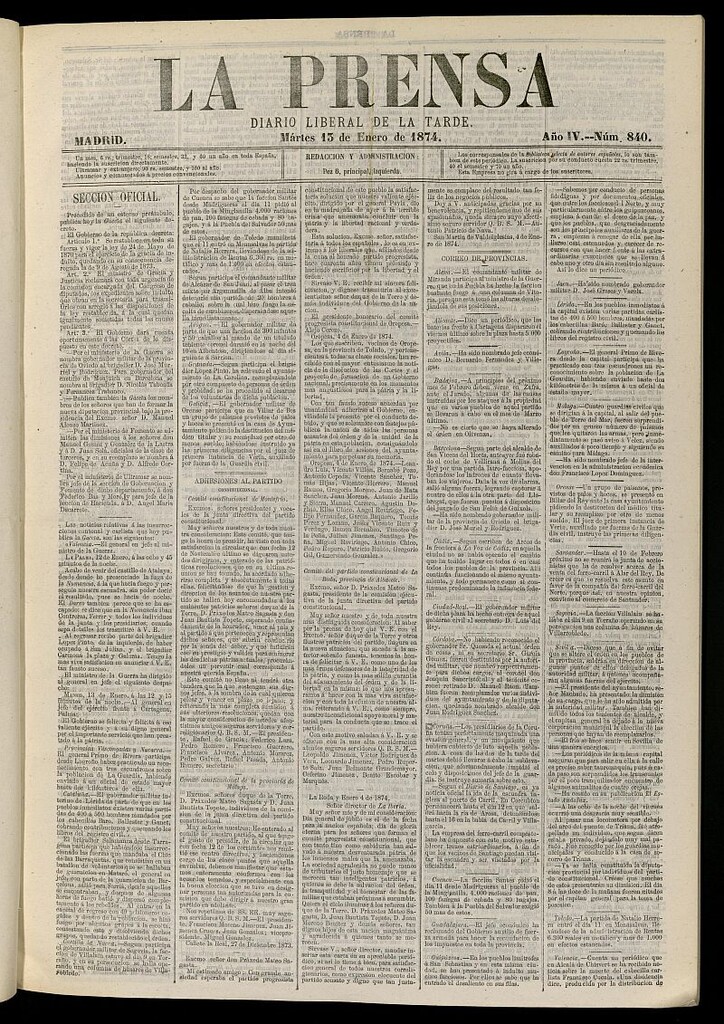Miniatura de La Prensa : diario de la mañana : político, literario y de noticias del 13 de enero de 1874, nº 840