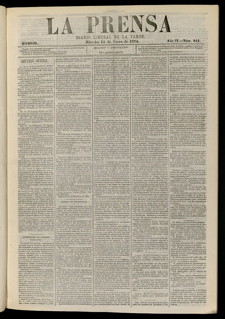 Miniatura de La Prensa : diario de la mañana : político, literario y de noticias del 14 de enero de 1874, nº 841