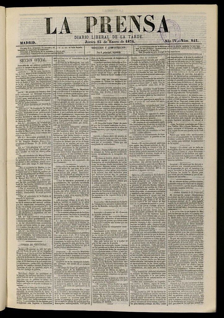 Miniatura de La Prensa : diario de la mañana : político, literario y de noticias del 15 de enero de 1874, nº 842