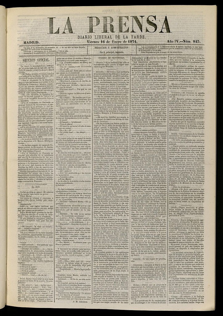 Miniatura de La Prensa : diario de la mañana : político, literario y de noticias del 16 de enero de 1874, nº 843