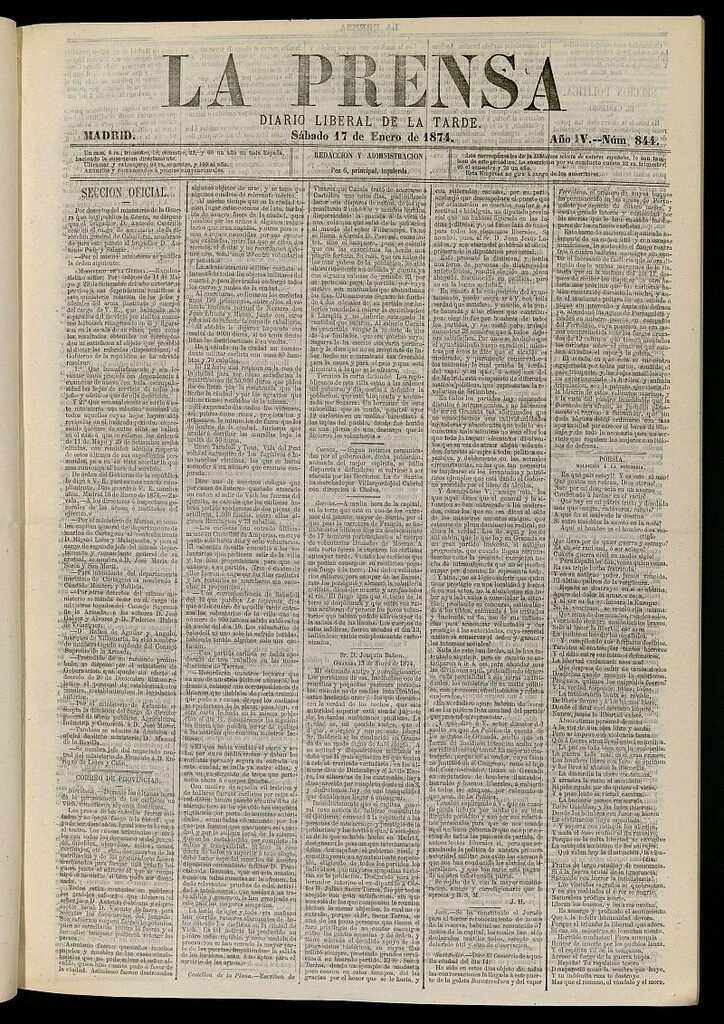 Miniatura de La Prensa : diario de la mañana : político, literario y de noticias del 17 de enero de 1874, nº 844