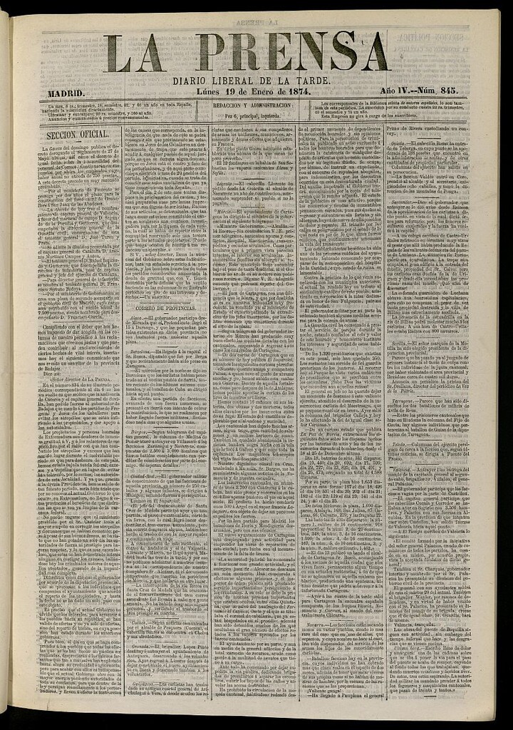 Miniatura de La Prensa : diario de la mañana : político, literario y de noticias del 19 de enero de 1874, nº 845
