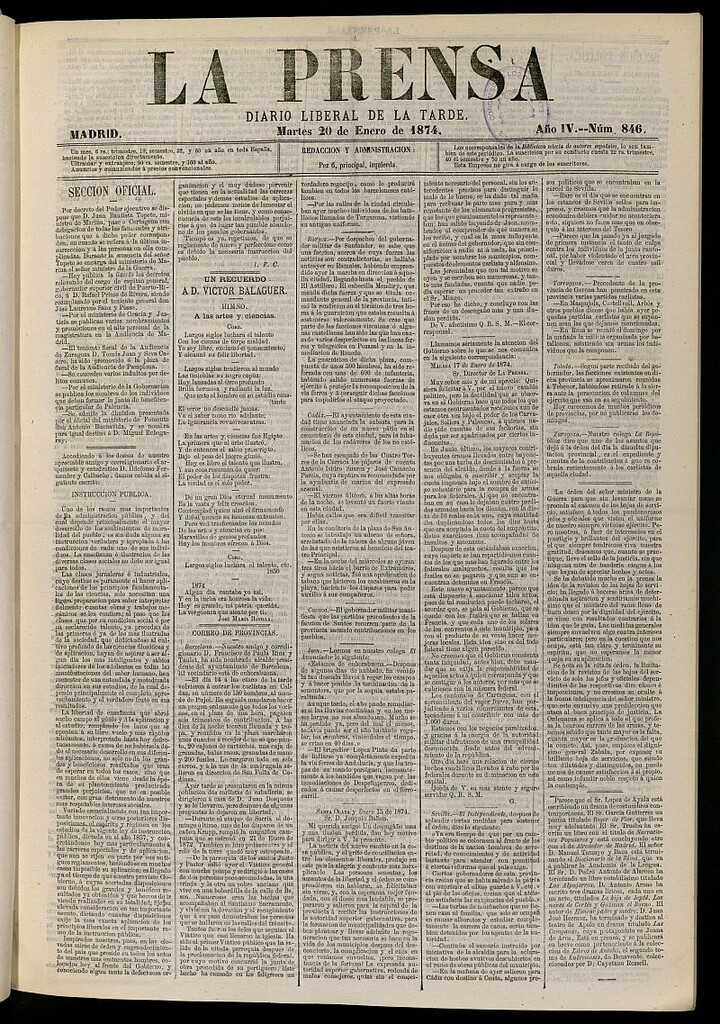Miniatura de La Prensa : diario de la mañana : político, literario y de noticias del 20 de enero de 1874, nº 846