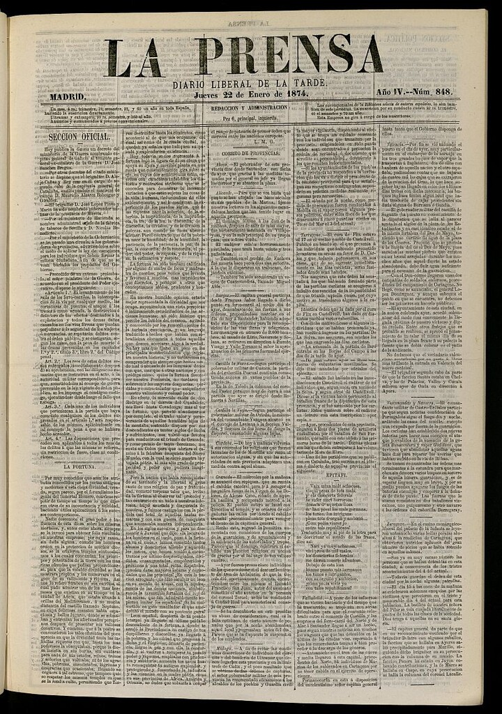 Miniatura de La Prensa : diario de la mañana : político, literario y de noticias del 22 de enero de 1874, nº 848