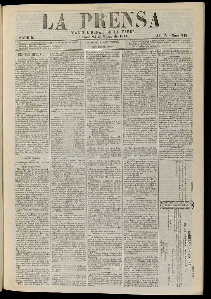 Miniatura de La Prensa : diario de la mañana : político, literario y de noticias del 24 de enero de 1874, nº 849