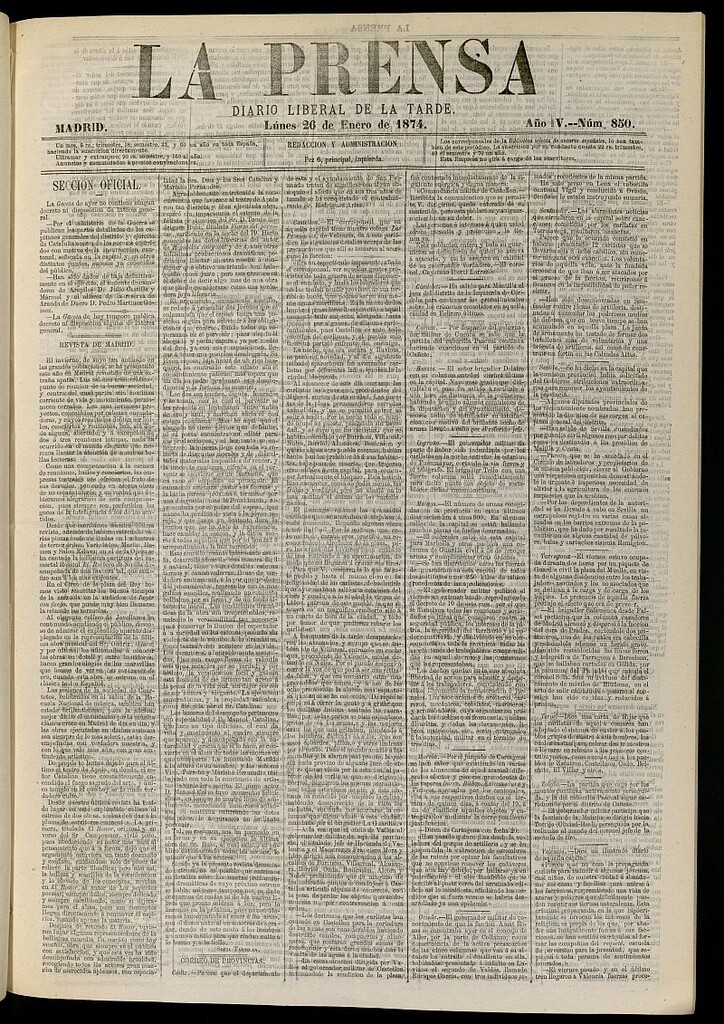 Miniatura de La Prensa : diario de la mañana : político, literario y de noticias del 26 de enero de 1874, nº 850