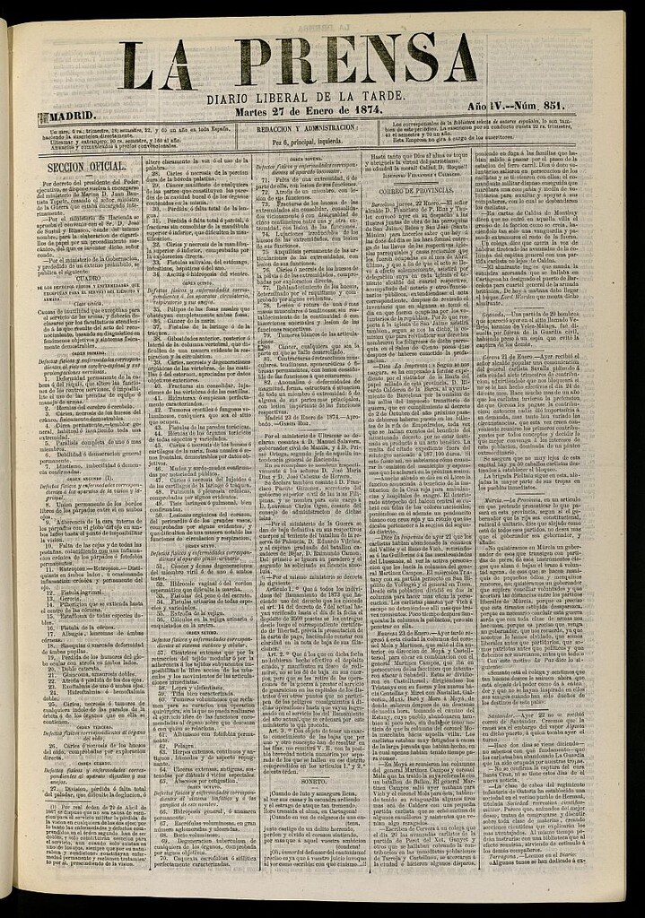 Miniatura de La Prensa : diario de la mañana : político, literario y de noticias del 27 de enero de 1874, nº 851