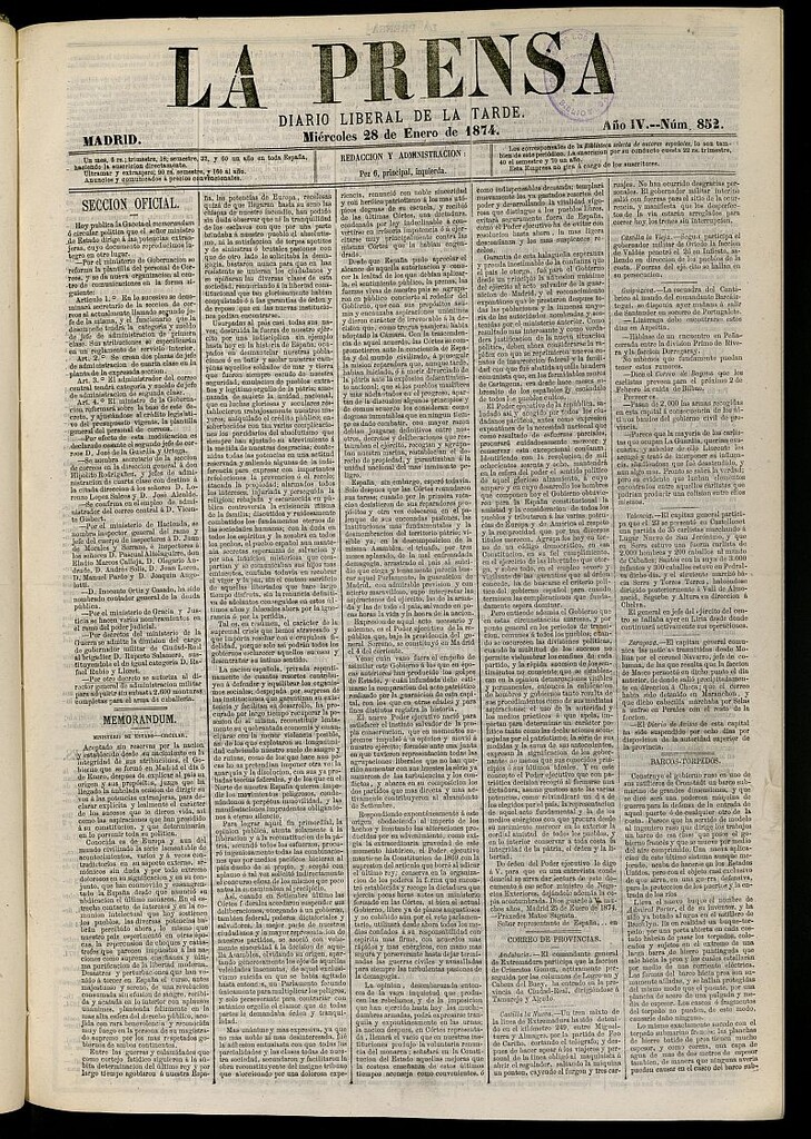 Miniatura de La Prensa : diario de la mañana : político, literario y de noticias del 28 de enero de 1874, nº 852
