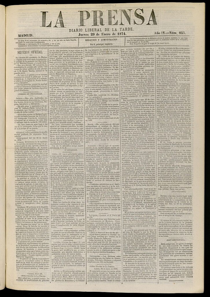 Miniatura de La Prensa : diario de la mañana : político, literario y de noticias del 29 de enero de 1874, nº 853