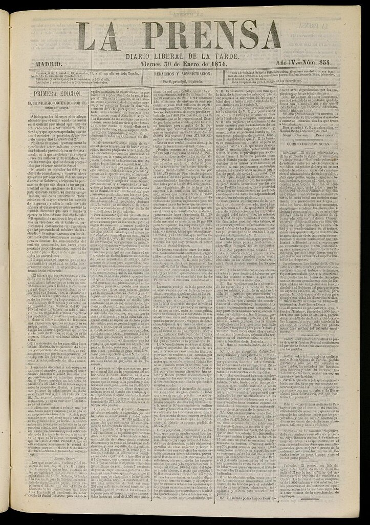Miniatura de La Prensa : diario de la mañana : político, literario y de noticias del 30 de enero de 1874, nº 854