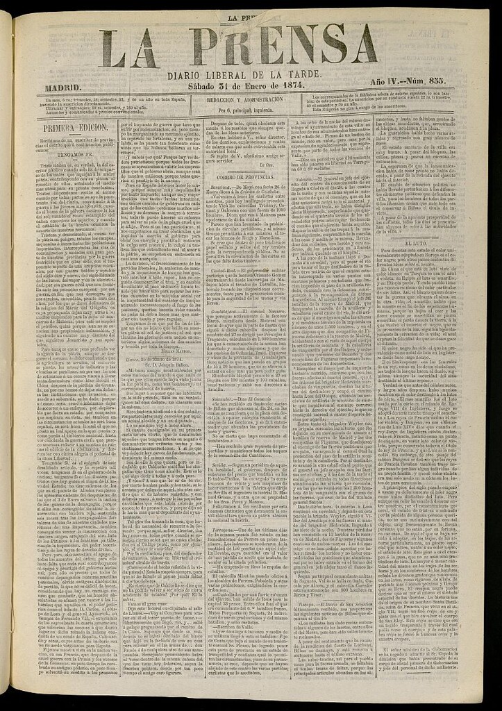 Miniatura de La Prensa : diario de la mañana : político, literario y de noticias del 31 de enero de 1874, nº 855