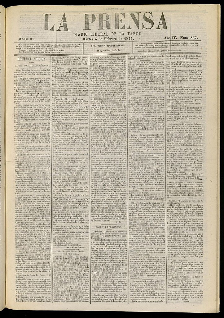 Miniatura de La Prensa : diario de la mañana : político, literario y de noticias del 3 de febrero de 1874, nº 857