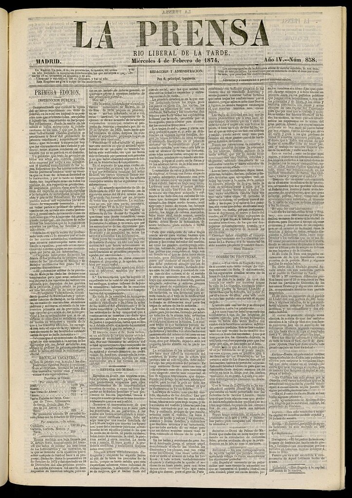 Miniatura de La Prensa : diario de la mañana : político, literario y de noticias del 4 de febrero de 1874, nº 858