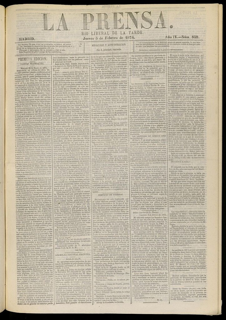 Miniatura de La Prensa : diario de la mañana : político, literario y de noticias del 5 de febrero de 1874, nº 859