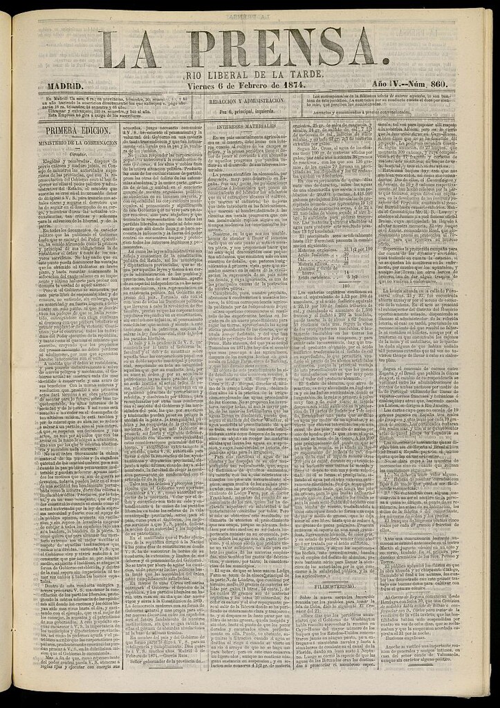 Miniatura de La Prensa : diario de la mañana : político, literario y de noticias del 6 de febrero de 1874, nº 860