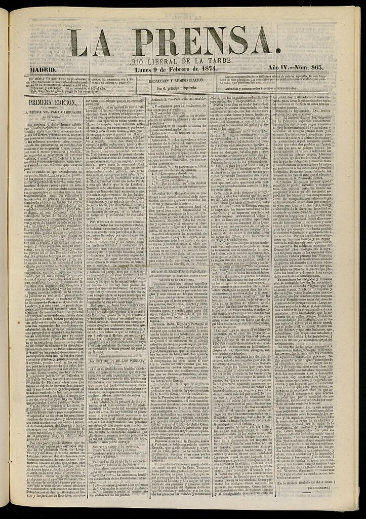 Miniatura de La Prensa : diario de la mañana : político, literario y de noticias del 9 de febrero de 1874, nº 863
