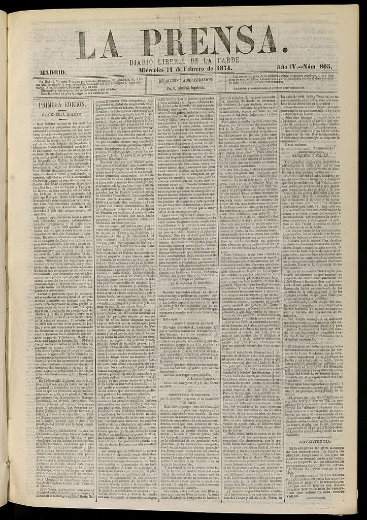 Miniatura de La Prensa : diario de la mañana : político, literario y de noticias del 11 de febrero de 1874, nº 865