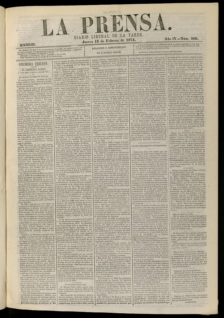 Miniatura de La Prensa : diario de la mañana : político, literario y de noticias del 12 de febrero de 1874, nº 866