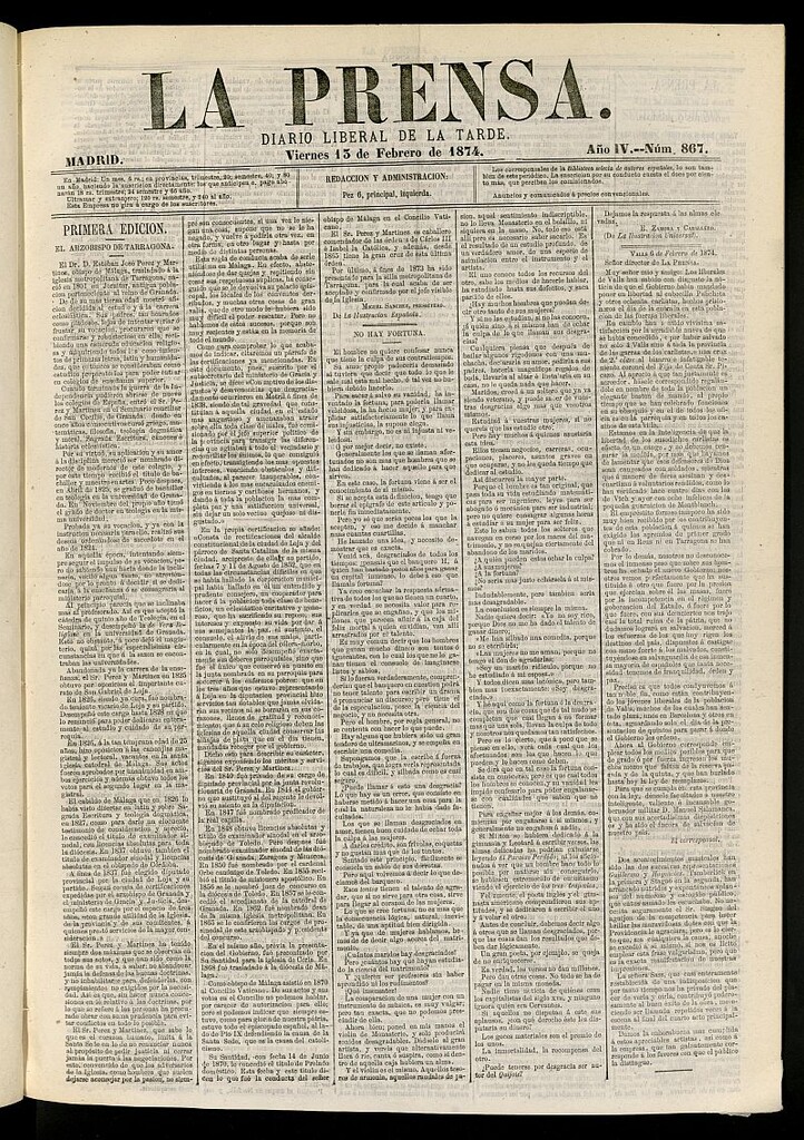 Miniatura de La Prensa : diario de la mañana : político, literario y de noticias del 13 de febrero de 1874, nº 867
