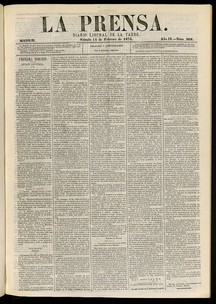 Miniatura de La Prensa : diario de la mañana : político, literario y de noticias del 14 de febrero de 1874, nº 868