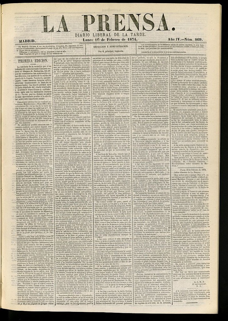 Miniatura de La Prensa : diario de la mañana : político, literario y de noticias del 16 de febrero de 1874, nº 869
