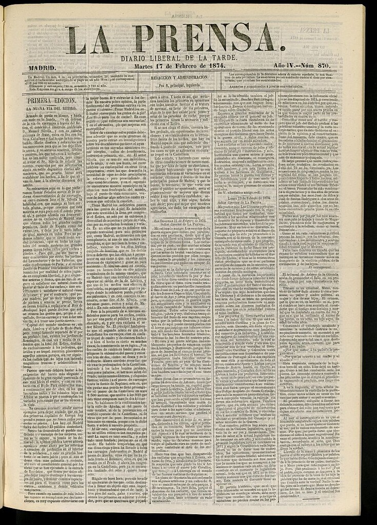 Miniatura de La Prensa : diario de la mañana : político, literario y de noticias del 17 de septiembre de 1874, nº 870