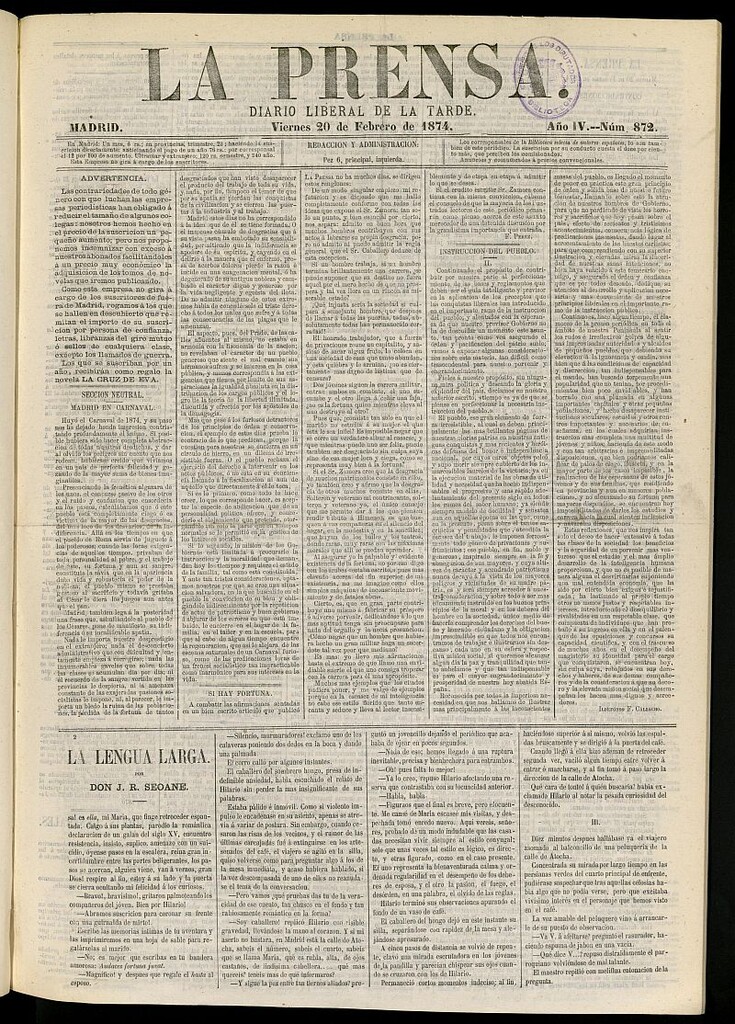 Miniatura de La Prensa : diario de la mañana : político, literario y de noticias del 20 de septiembre de 1874, nº 872