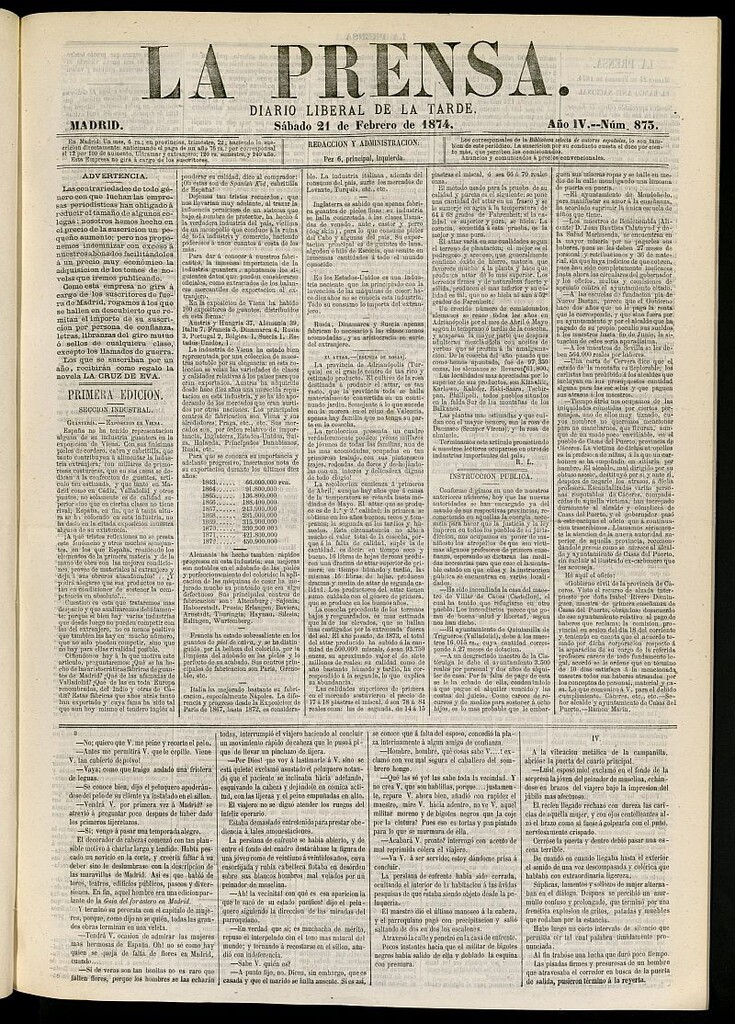 Miniatura de La Prensa : diario de la mañana : político, literario y de noticias del 21 de febrero de 1874, nº 873