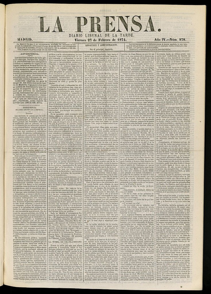 Miniatura de La Prensa : diario de la mañana : político, literario y de noticias del 27 de febrero de 1874, nº 878