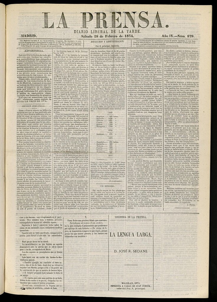 Miniatura de La Prensa : diario de la mañana : político, literario y de noticias del 28 de febrero de 1874, nº 879