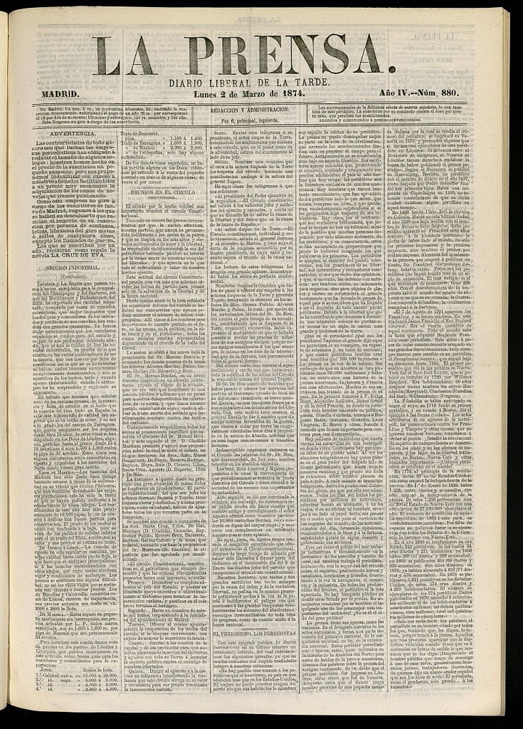 Miniatura de La Prensa : diario de la mañana : político, literario y de noticias del 2 de marzo de 1874, nº 880
