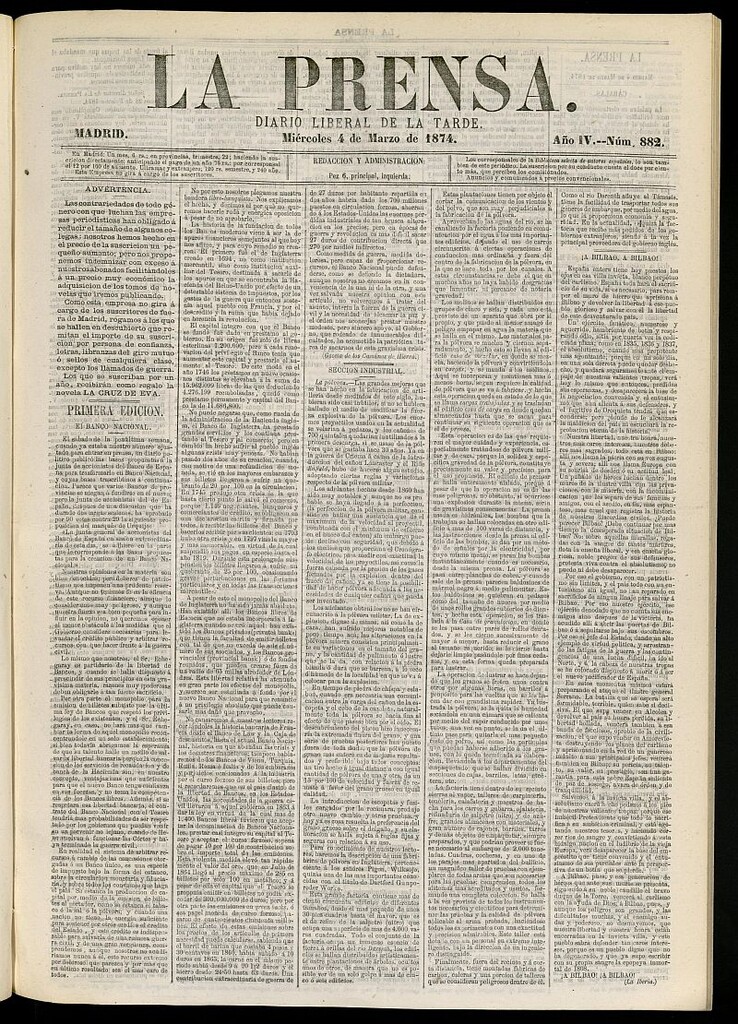 Miniatura de La Prensa : diario de la mañana : político, literario y de noticias del 4 de marzo de 1874, nº 882