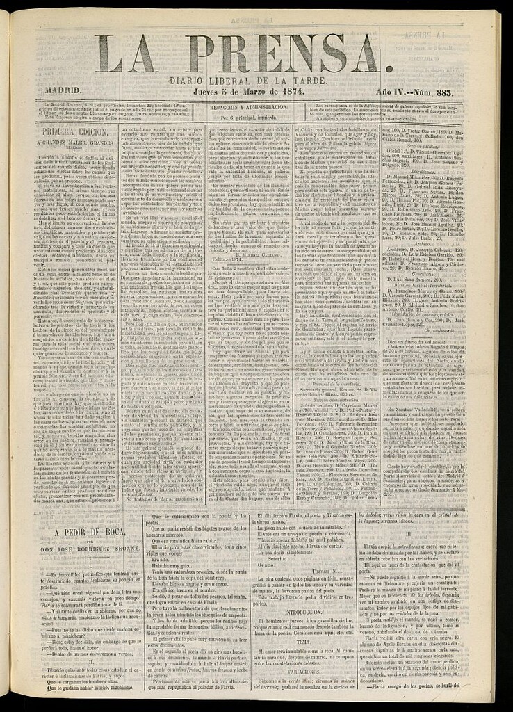 Miniatura de La Prensa : diario de la mañana : político, literario y de noticias del 5 de marzo de 1874, nº 883