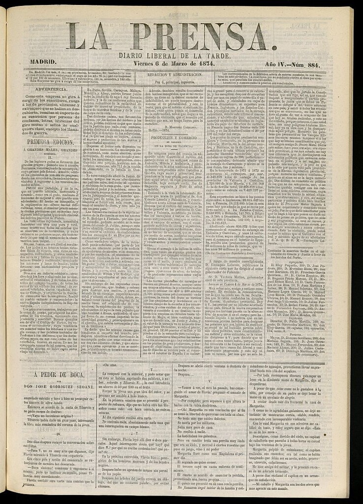 Miniatura de La Prensa : diario de la mañana : político, literario y de noticias del 6 de marzo de 1874, nº 884