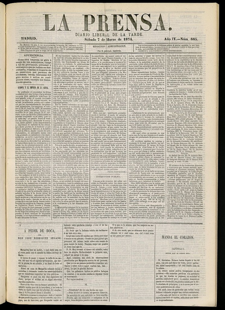 Miniatura de La Prensa : diario de la mañana : político, literario y de noticias del 7 de marzo de 1874, nº 885