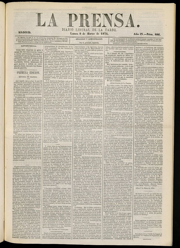 Miniatura de La Prensa : diario de la mañana : político, literario y de noticias del 9 de marzo de 1874, nº 886