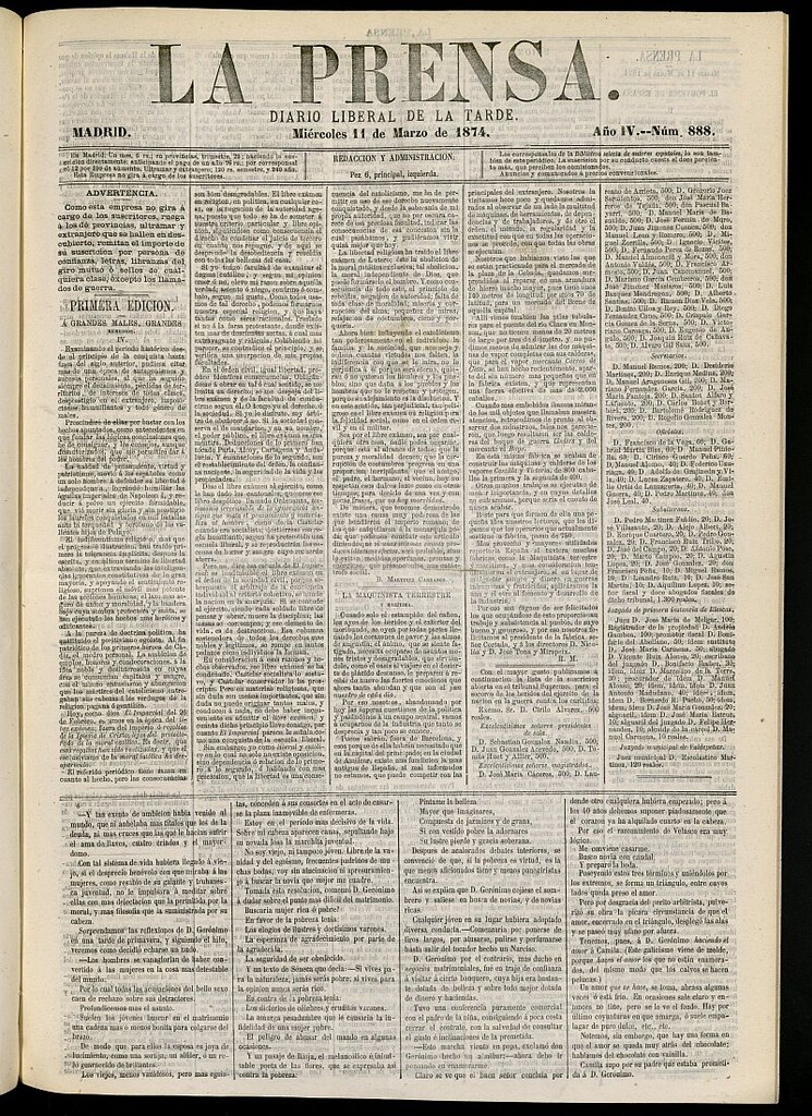 Miniatura de La Prensa : diario de la mañana : político, literario y de noticias del 11 de marzo de 1874, nº 888