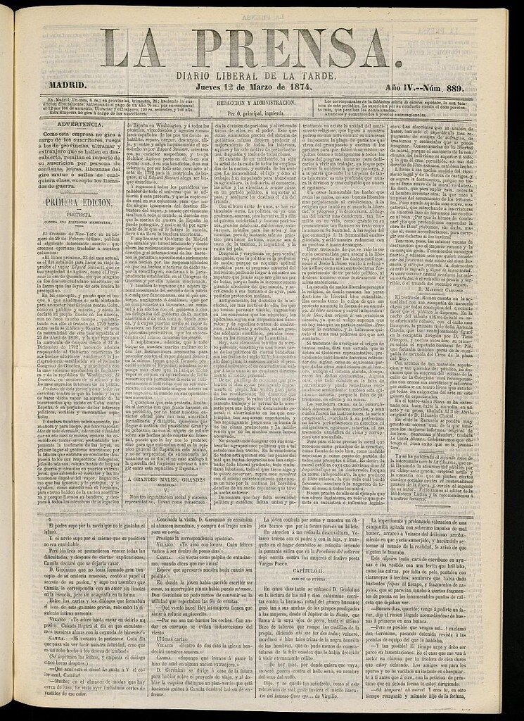 Miniatura de La Prensa : diario de la mañana : político, literario y de noticias del 12 de marzo de 1874, nº 889