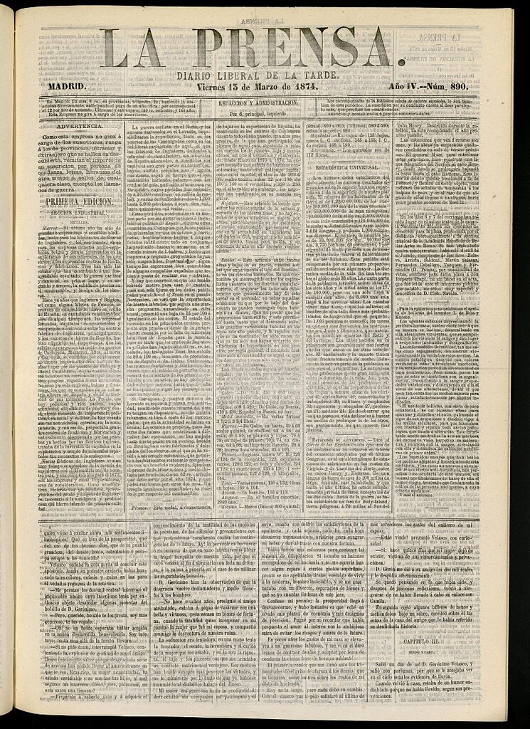 Miniatura de La Prensa : diario de la mañana : político, literario y de noticias del 13 de marzo de 1874, nº 890