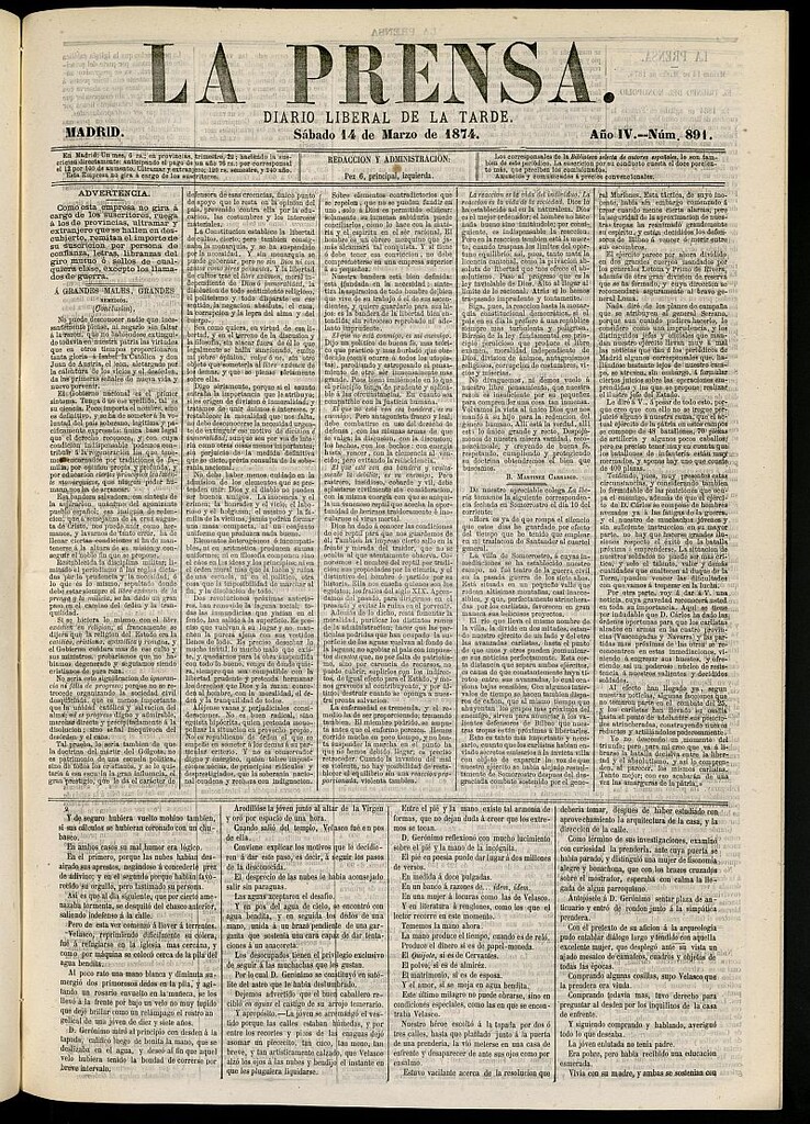 Miniatura de La Prensa : diario de la mañana : político, literario y de noticias del 14 de marzo de 1874, nº 891