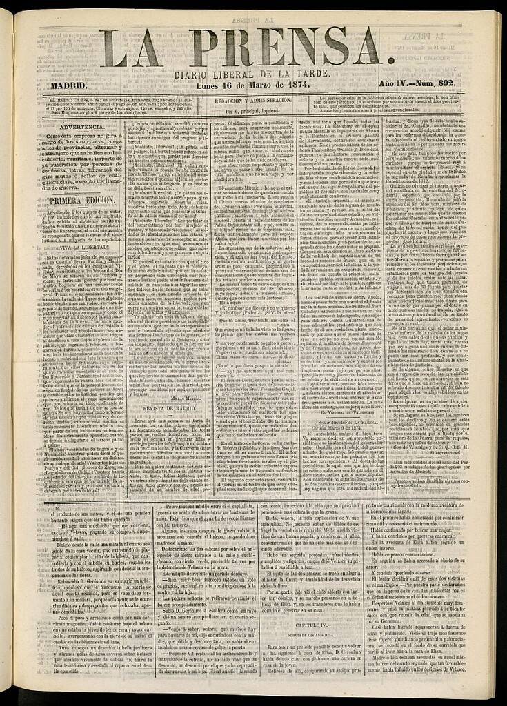 Miniatura de La Prensa : diario de la mañana : político, literario y de noticias del 16 de marzo de 1874, nº 892