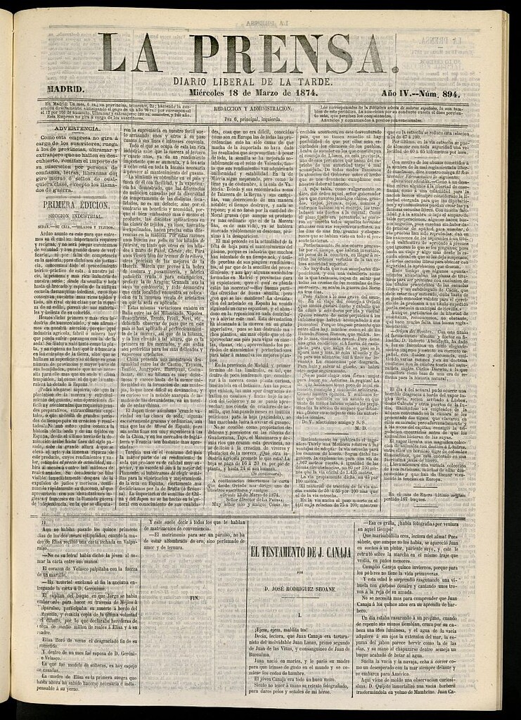 Miniatura de La Prensa : diario de la mañana : político, literario y de noticias del 18 de marzo de 1874, nº 894