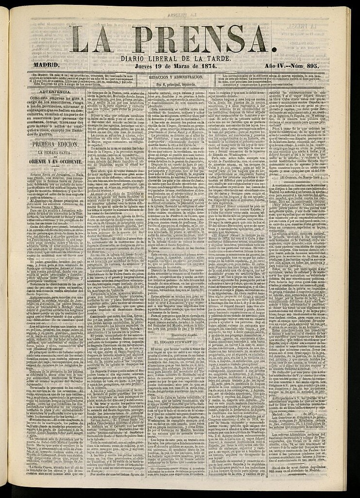 Miniatura de La Prensa : diario de la mañana : político, literario y de noticias del 19 de marzo de 1874, nº 895