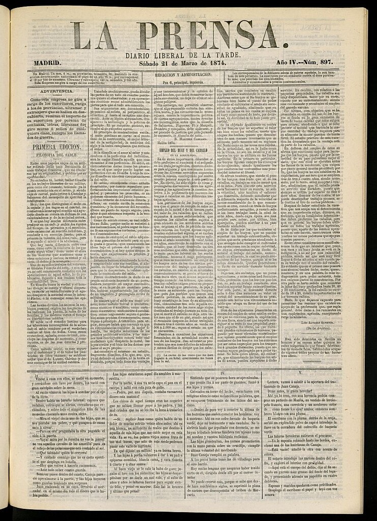 Miniatura de La Prensa : diario de la mañana : político, literario y de noticias del 21 de marzo de 1874, nº 897