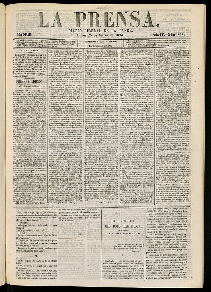 Miniatura de La Prensa : diario de la mañana : político, literario y de noticias del 23 de marzo de 1874, nº 898